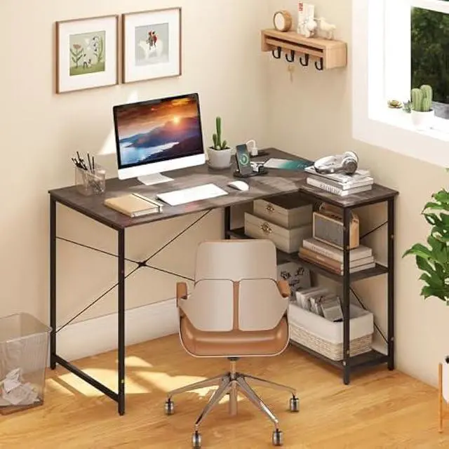 Alt view image 2 of 6 - Tangkula L-Shaped Computer Desk with Reversible Shelves, 48 Inch Corner Computer Desk, Modern Writing Study Desk Home Office Workstation, Space Saving Design (48 Inch, Gray)