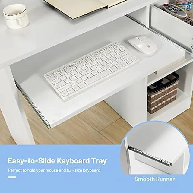Alt view image 4 of 5 - Tangkula White Computer Desk with Keyboard Tray & Drawer, Modern Wooden Study Writing Desk with Storage Shelves & Hutch for Home Office or Kids' Bedroom