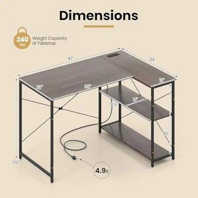 Alt view image 3 of 6 - Tangkula L-Shaped Computer Desk with Reversible Shelves, 48 Inch Corner Computer Desk, Modern Writing Study Desk Home Office Workstation, Space Saving Design (48 Inch, Gray)