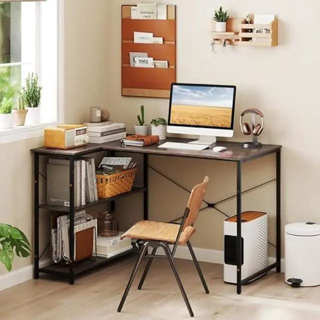 Alt view image 4 of 6 - Tangkula L-Shaped Computer Desk with Reversible Shelves, 48 Inch Corner Computer Desk, Modern Writing Study Desk Home Office Workstation, Space Saving Design (48 Inch, Gray)