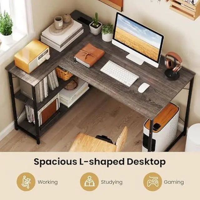 Alt view image 6 of 6 - Tangkula L-Shaped Computer Desk with Reversible Shelves, 48 Inch Corner Computer Desk, Modern Writing Study Desk Home Office Workstation, Space Saving Design (48 Inch, Gray)