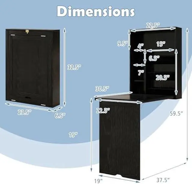 Alt view image 3 of 5 - Tangkula Foldable Wall Mounted Desk, Floating Desk with Storage Shelves & Hooks, Space-Saving Fold-Up Murphy Desk for Small Spaces, Home Office, Dorm Room