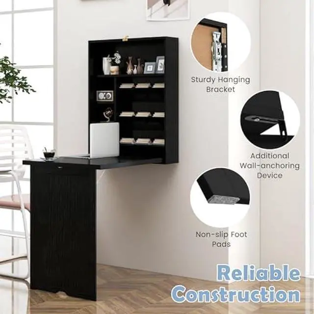 Alt view image 5 of 5 - Tangkula Foldable Wall Mounted Desk, Floating Desk with Storage Shelves & Hooks, Space-Saving Fold-Up Murphy Desk for Small Spaces, Home Office, Dorm Room