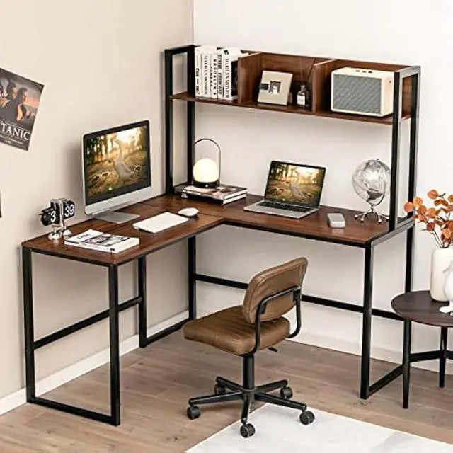Alt view image 2 of 6 - Tangkula Reversible L-Shaped Desk with Hutch, Space Saving Corner Computer Desk with Storage Shelves, Home Office Study Writing Desk Computer Workstation with Storage Bookshelf, Gaming Desk