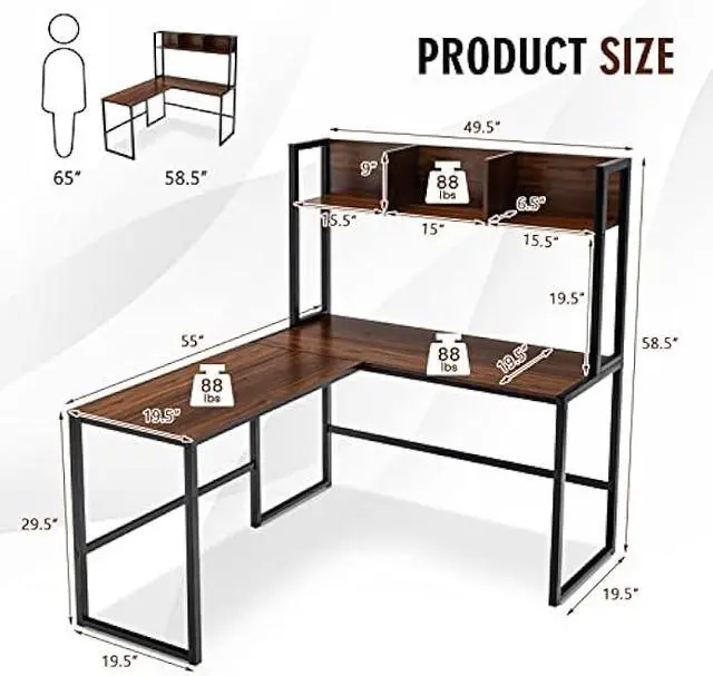 Alt view image 3 of 6 - Tangkula Reversible L-Shaped Desk with Hutch, Space Saving Corner Computer Desk with Storage Shelves, Home Office Study Writing Desk Computer Workstation with Storage Bookshelf, Gaming Desk