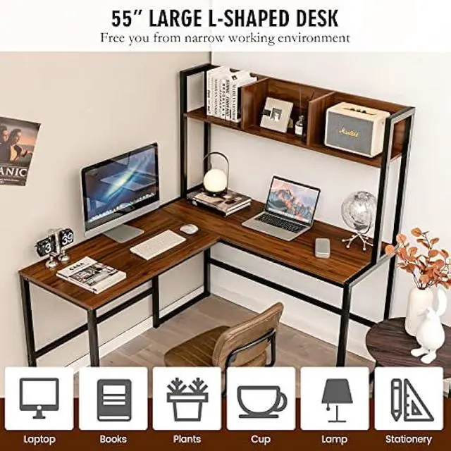 Alt view image 4 of 6 - Tangkula Reversible L-Shaped Desk with Hutch, Space Saving Corner Computer Desk with Storage Shelves, Home Office Study Writing Desk Computer Workstation with Storage Bookshelf, Gaming Desk