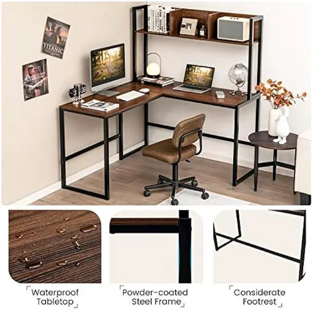 Alt view image 6 of 6 - Tangkula Reversible L-Shaped Desk with Hutch, Space Saving Corner Computer Desk with Storage Shelves, Home Office Study Writing Desk Computer Workstation with Storage Bookshelf, Gaming Desk