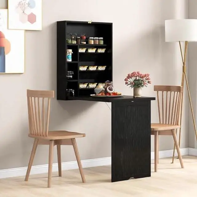 Alt view image 2 of 5 - Tangkula Foldable Wall Mounted Desk, Floating Desk with Storage Shelves & Hooks, Space-Saving Fold-Up Murphy Desk for Small Spaces, Home Office, Dorm Room