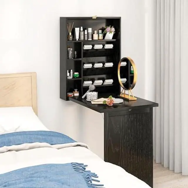 Alt view image 4 of 5 - Tangkula Foldable Wall Mounted Desk, Floating Desk with Storage Shelves & Hooks, Space-Saving Fold-Up Murphy Desk for Small Spaces, Home Office, Dorm Room