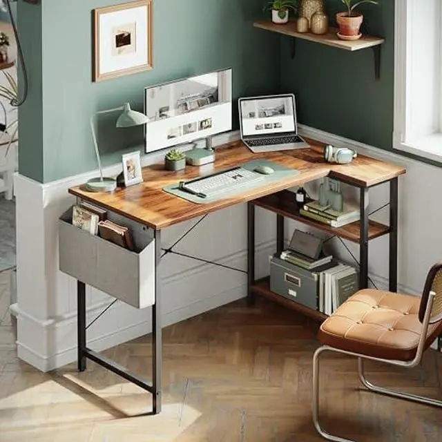 Alt view image 2 of 5 - CubiCubi L Shaped Desk, 40 Inch Computer Desk with Reversible Storage Shelves Home Office Corner Desk Study Writing Table, Deep Brown