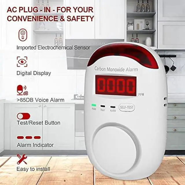 Alt view image 5 of 6 - Plug-in Carbon Monoxide Detectors,Koabbit CO Level Monitoring Alarm with Light & Digital Display for Home/Kitchen/Bedroom,Accurate & Easy to Install(2 Pack)