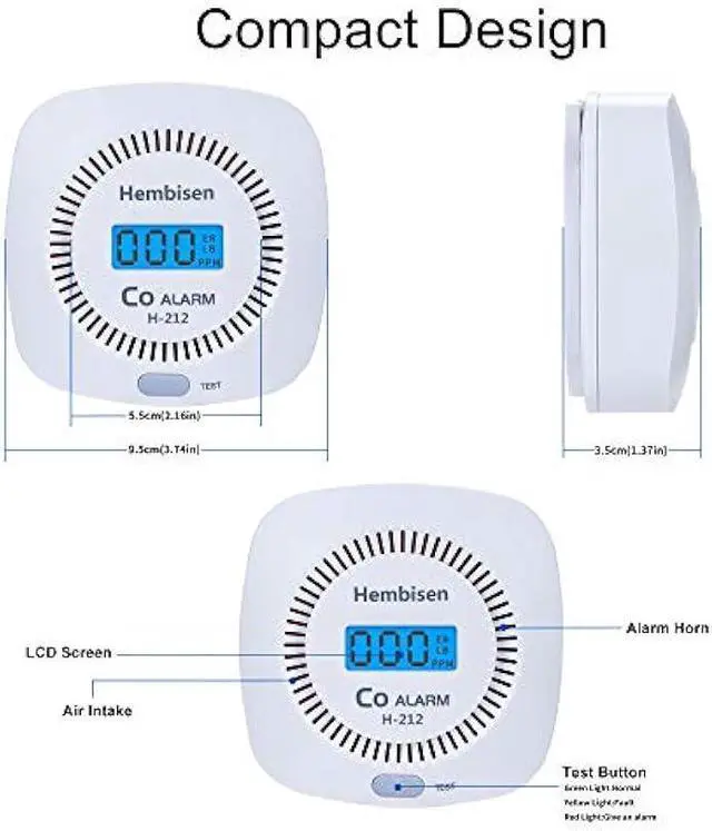 Alt view image 2 of 6 - 3 Packs Carbon Monoxide Detectors - Hembisen CO Alarm Detector Monitor Battery Operated with Digital Display for House Kitchen Restaurant Hotel Office