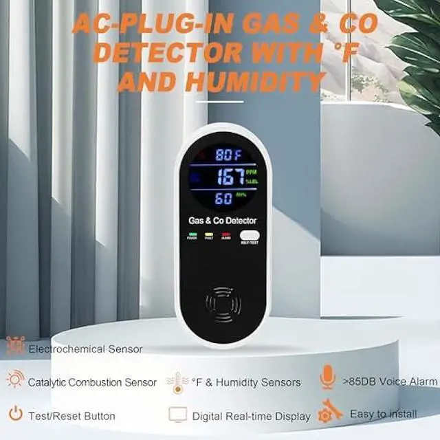 Alt view image 4 of 6 - 3 Packs Plug in Gas & Carbon Monoxide Detector, 4-in-1 Carbon Monoxide Alarm,Fahrenheit(°F) & Humidity,Natural Gas Detector,Methane,Propane & CO Detector for Home,RV,Apartment