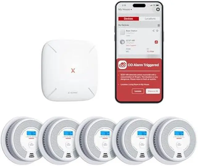 Main image of X-Sense Smart Smoke Detector Carbon Monoxide Detector Combo, Battery-Operated (Not AC Hardwired) Interconnected Combination Smoke Carbon Monoxide Detector, 5 Detectors with 1 Base Station, SC07-MR51