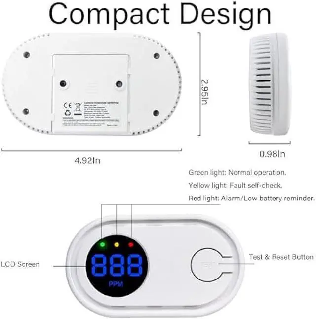 Alt view image 2 of 6 - 2Pack Carbon Monoxide Detector, CO Gas Monitor Alarm with Digital Display, Sound & Light Warning (White)