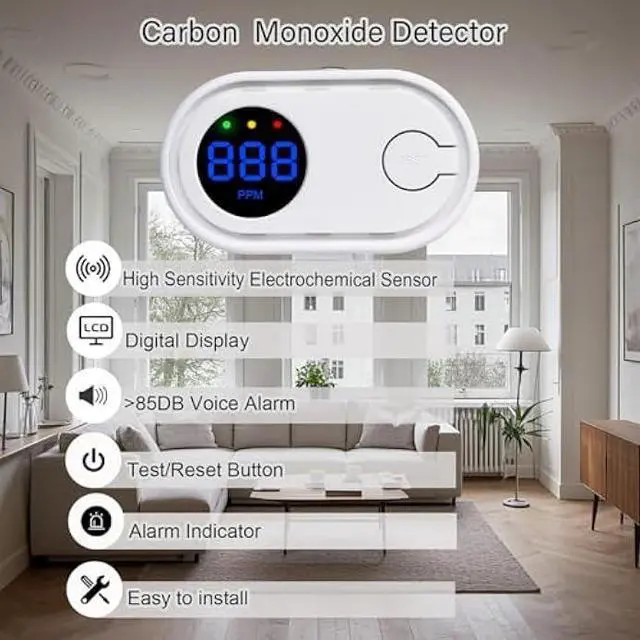 Alt view image 6 of 6 - 2Pack Carbon Monoxide Detector, CO Gas Monitor Alarm with Digital Display, Sound & Light Warning (White)