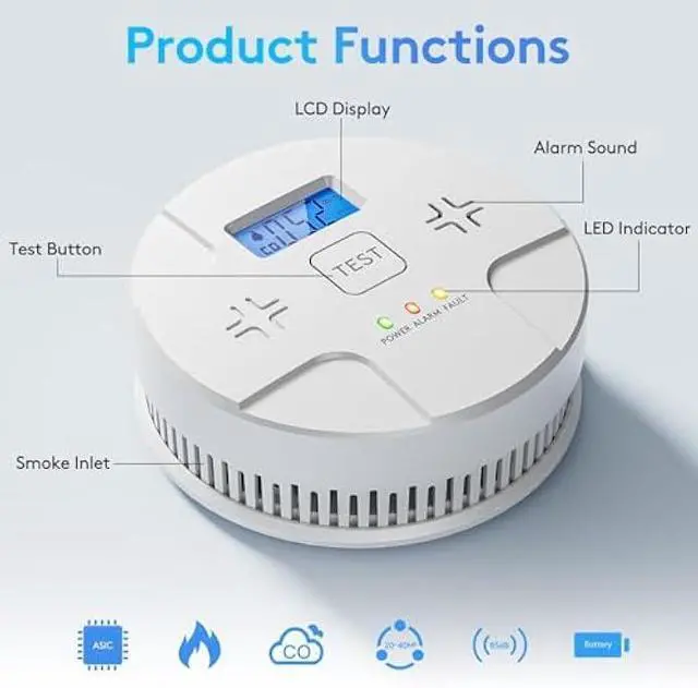 Alt view image 2 of 5 - 5 Packs,Smoke Detector Carbon Monoxide Detector Combo,2-in-1 Detection,85 dB Alarm,LED Indication,LCD Digital Displays,Battery Operated,(Includes 3 x 1.5V AA Batteries),Easy to Install,Portable Use