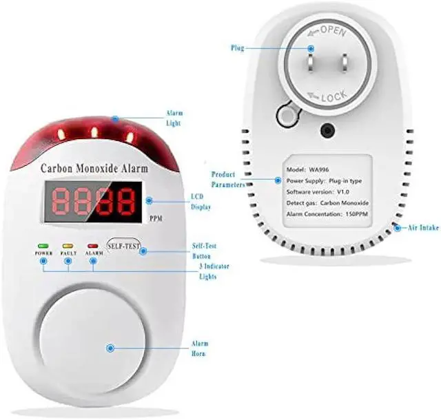 Alt view image 2 of 6 - Carbon Monoxide Detectors Portable Carbon Monoxide Detector for Travel Plug in Wall with LED Digital Display Voice Light Plug and Play