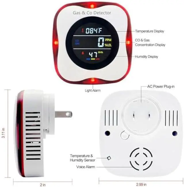 Alt view image 2 of 7 - Plug in Carbon Monoxide & Natural Gas Detectors, KH Alert Combination CO Detector & Combustible Gas Detector with Temperature Humidity, Portable CO & Natural Gas Detector with Sound Light Warning