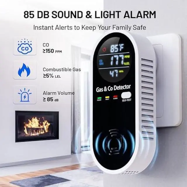 Alt view image 4 of 5 - Gas and Carbon Monoxide Detectors Plug in, 4-in-1 Portable CO & Natural Gas Leak Detector with Temperature & Humidity Display for Home, Hotel, RV & Travel