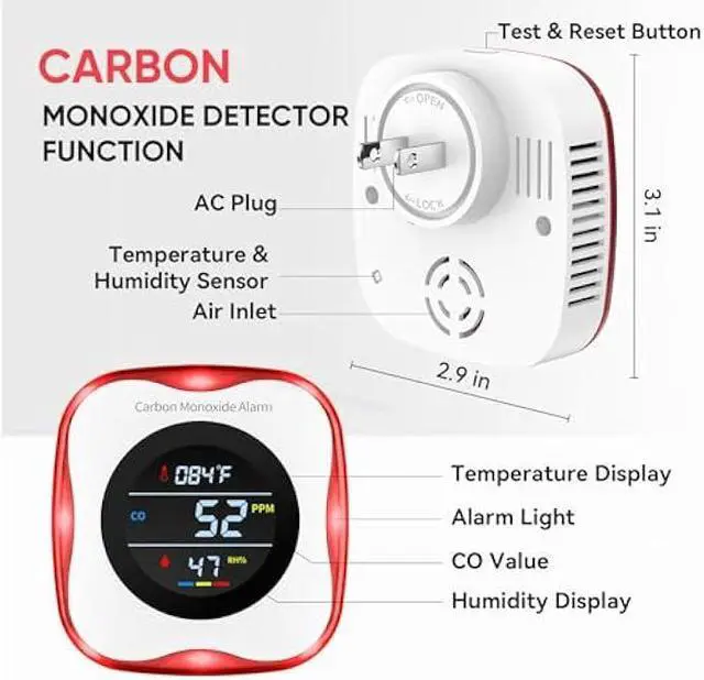 Alt view image 2 of 5 - Carbon Monoxide Detectors Plug in, 3-in-1 Portable CO Detector with Temperature & Humidity Display for Home, Hotel, RV & Travel