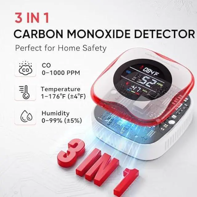 Alt view image 3 of 5 - Carbon Monoxide Detectors Plug in, 3-in-1 Portable CO Detector with Temperature & Humidity Display for Home, Hotel, RV & Travel