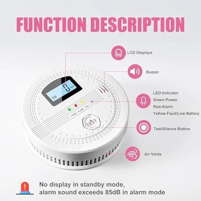 Alt view image 3 of 7 - 4 Packs Smoke and Carbon Monoxide Detectors, 2 in 1 CO & Smoke Fire Alarm for Home,Smoke Combination CO Alarm with LCD Display,Replaceable Battery Operated, Easy to Install