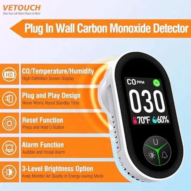 Alt view image 2 of 5 - Carbon Monoxide Detector Plug in, Carbon Monoxide Detector Plug in Wall with Temperature Humidity Sensor Built-in, Alarm Function with Clear LCD Display CO Detector for Home Kitchen RV Travel