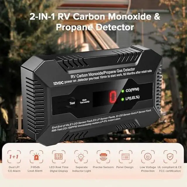 Alt view image 2 of 6 - Nuleto RV Dual LP/CO AlarmRV Carbon Monoxide & Propane Gas Detector with Separate LED Indicator Light, Early Warning to Ensure RV Camping Safety Travel (with 1 Bracket), Black