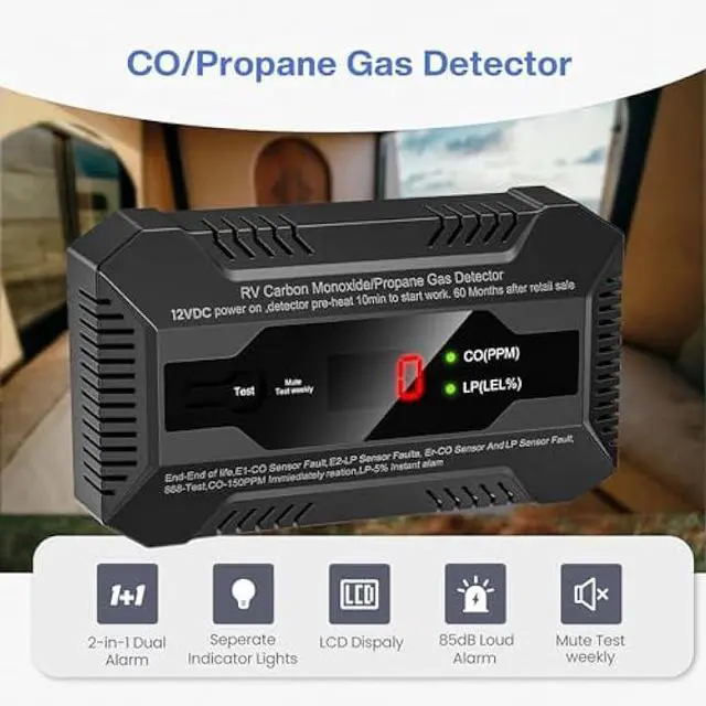 Alt view image 4 of 5 - Dual CO/LP Alarm with Bracket - RV Carbon Monoxide and Propane Detector for Travel Trailer and Camper, Separated LED Indicator for Propane and CO, 85dB Loud Alarm - 12V DC RV Propane Gas Detector