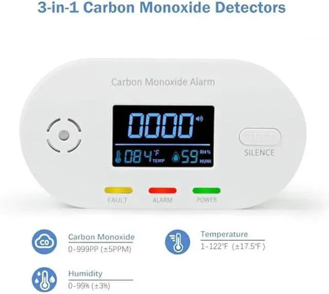 Alt view image 3 of 5 - Carbon Monoxide Detectors,Plug in Carbon Monoxide Detector with CO Alarm Monitor Temperature Humidity Sensor,3-in-1 CO Detector with LCD Display for Home/Kitchen/Hotel/Bedroom (White)