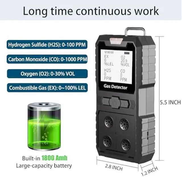 Alt view image 2 of 5 - 4 Gas Detector, Portable 4 Gas Monitor Multi Gas Detector H2S,O2,CO and EX Rechargeable LCD Display H2s Monitor, Quality Sensor 4 Gas Meter Gas Sniffer (Black)