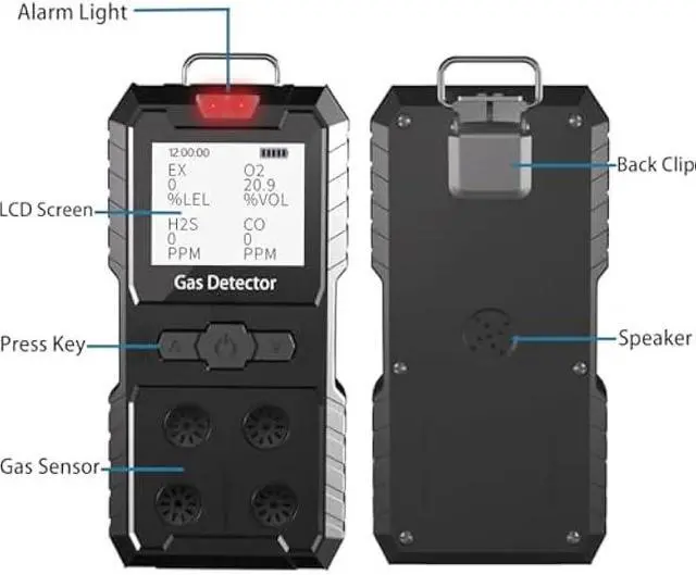Alt view image 3 of 5 - 4 Gas Detector, Portable 4 Gas Monitor Multi Gas Detector H2S,O2,CO and EX Rechargeable LCD Display H2s Monitor, Quality Sensor 4 Gas Meter Gas Sniffer (Black)
