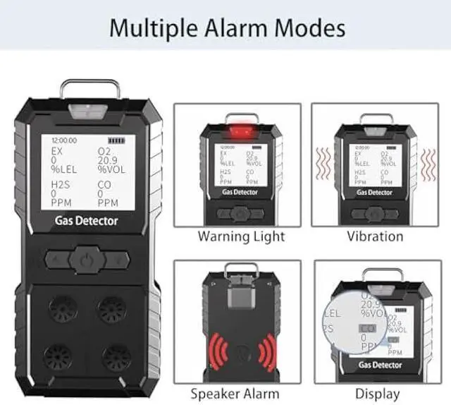 Alt view image 4 of 5 - 4 Gas Detector, Portable 4 Gas Monitor Multi Gas Detector H2S,O2,CO and EX Rechargeable LCD Display H2s Monitor, Quality Sensor 4 Gas Meter Gas Sniffer (Black)