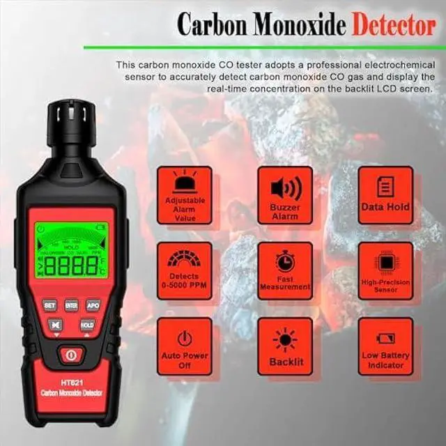 Alt view image 3 of 6 - Portable Carbon Monoxide Detector, Carbon Monoxide Meter, Handheld CO Detector, 0-5000PPM, Backlit LCD Display for Travel Car Camping Home Industrial & Outdoor