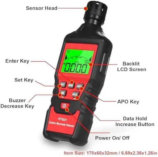 Alt view image 6 of 6 - Portable Carbon Monoxide Detector, Carbon Monoxide Meter, Handheld CO Detector, 0-5000PPM, Backlit LCD Display for Travel Car Camping Home Industrial & Outdoor