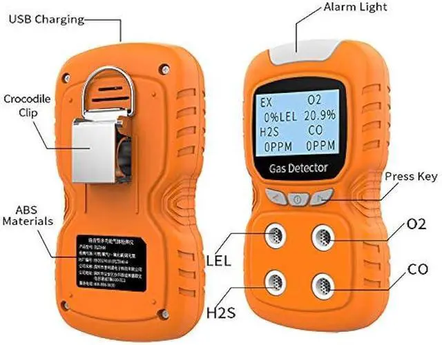 Alt view image 5 of 6 - Portable Gas Detector, Gas Clip 4 Gas Monitor Meter Tester Analyzer, Rechargeable LCD Display Sound Light Shock Air Quality Tester, 2 Year Detector
