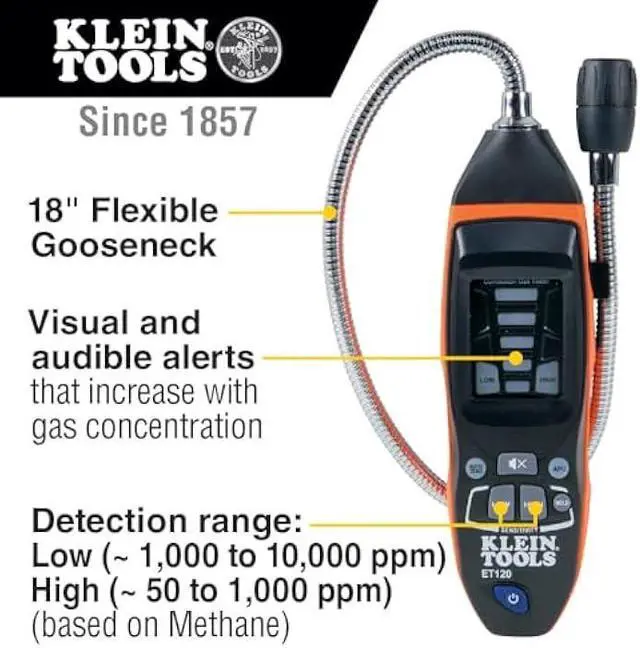 Alt view image 3 of 5 - Klein Tools ET120 Gas Leak Detector, Combustible Gas Leak Tester with 18-Inch Gooseneck Has Range 50 - 10,000 ppm, Includes Pouch, Batteries