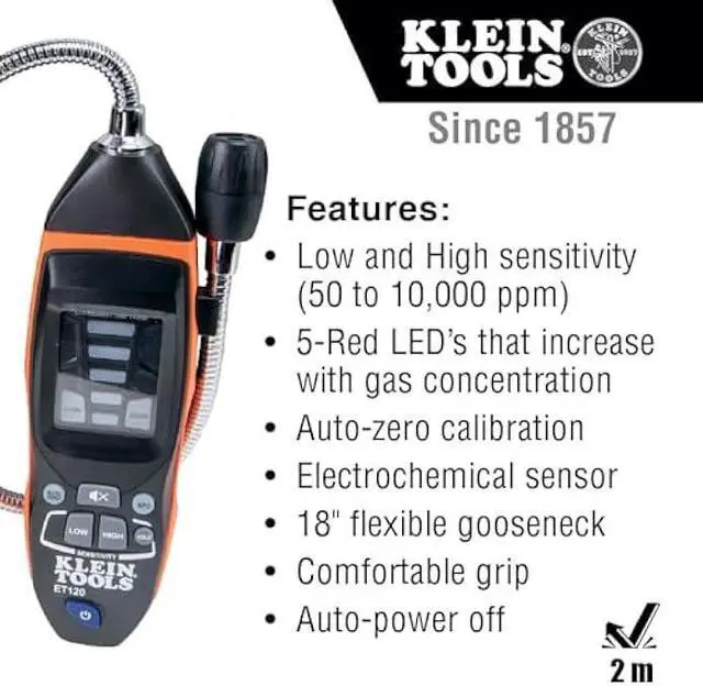 Alt view image 4 of 5 - Klein Tools ET120 Gas Leak Detector, Combustible Gas Leak Tester with 18-Inch Gooseneck Has Range 50 - 10,000 ppm, Includes Pouch, Batteries