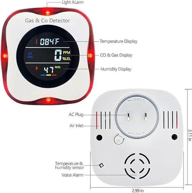 Alt view image 2 of 6 - Carbon Monoxide and Natural Gas Detector Plug in Wall, WESHLGD Combination Carbon Monoxide and Gas Detector, 4-in-1 CO and Gas Detector for Home/Kitchen(CO & Gas Alarm with Temperature Humidity)