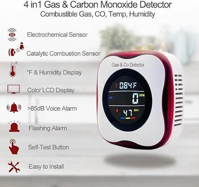 Alt view image 3 of 6 - Carbon Monoxide and Natural Gas Detector Plug in Wall, WESHLGD Combination Carbon Monoxide and Gas Detector, 4-in-1 CO and Gas Detector for Home/Kitchen(CO & Gas Alarm with Temperature Humidity)