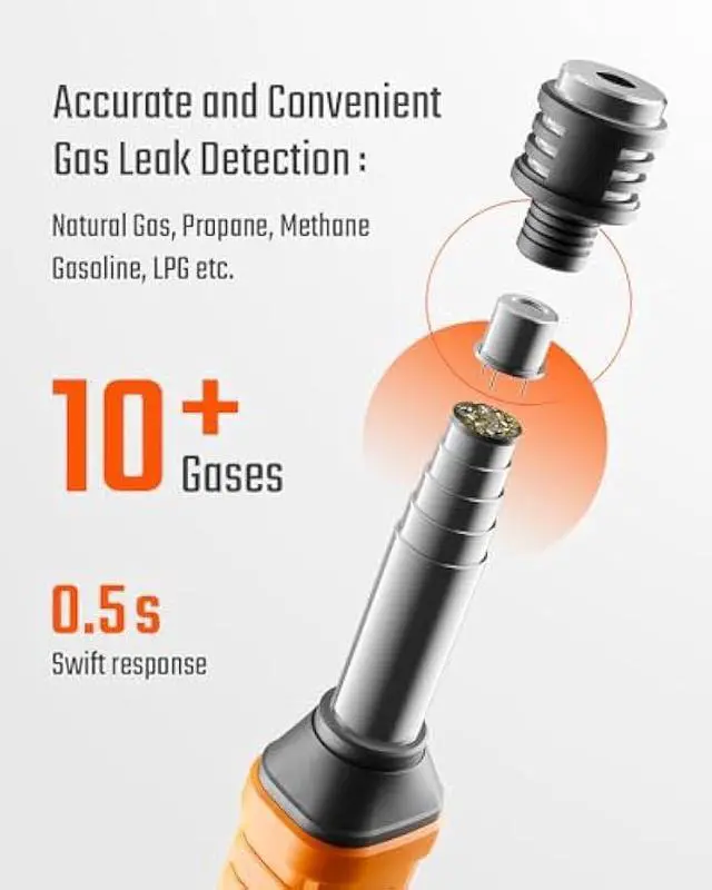 Alt view image 3 of 7 - Natural Gas Detector, TopTes PT299 Gas Leak Detector with Extendable Rod, Portable Propane Sniffer for Detecting Combustible Leaks Like Methane & Butane for Home, RV (Includes Battery x2) - Orange