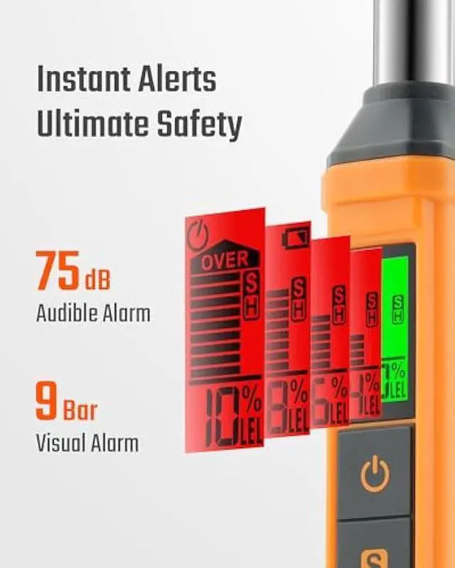 Alt view image 4 of 7 - Natural Gas Detector, TopTes PT299 Gas Leak Detector with Extendable Rod, Portable Propane Sniffer for Detecting Combustible Leaks Like Methane & Butane for Home, RV (Includes Battery x2) - Orange