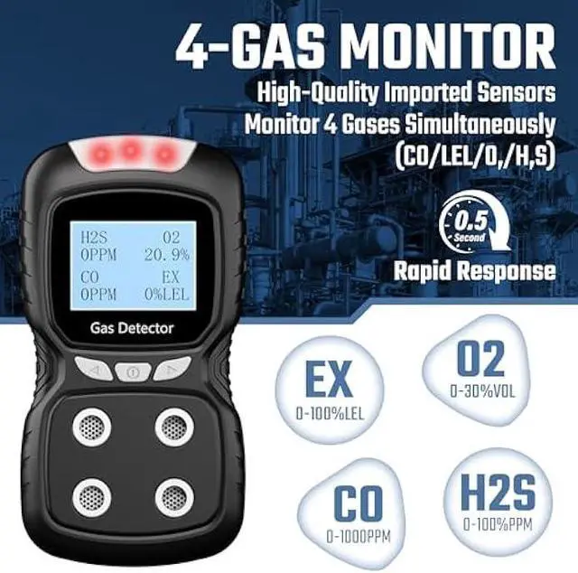 Alt view image 2 of 5 - Portable 4 Gas Detector, 4 in 1 Multi Gas Monitor TesterH2S,O2,CO and EX Rechargeable LCD Display Gas Sniffer AlarmGas Clip Sound Light Shock Alarm (Black)