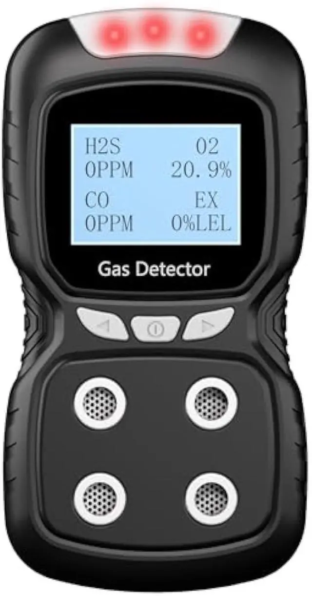 Main image of Portable 4 Gas Detector, 4 in 1 Multi Gas Monitor TesterH2S,O2,CO and EX Rechargeable LCD Display Gas Sniffer AlarmGas Clip Sound Light Shock Alarm (Black)