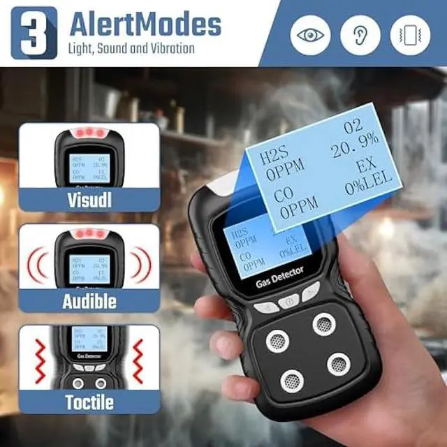 Alt view image 3 of 5 - Portable 4 Gas Detector, 4 in 1 Multi Gas Monitor TesterH2S,O2,CO and EX Rechargeable LCD Display Gas Sniffer AlarmGas Clip Sound Light Shock Alarm (Black)