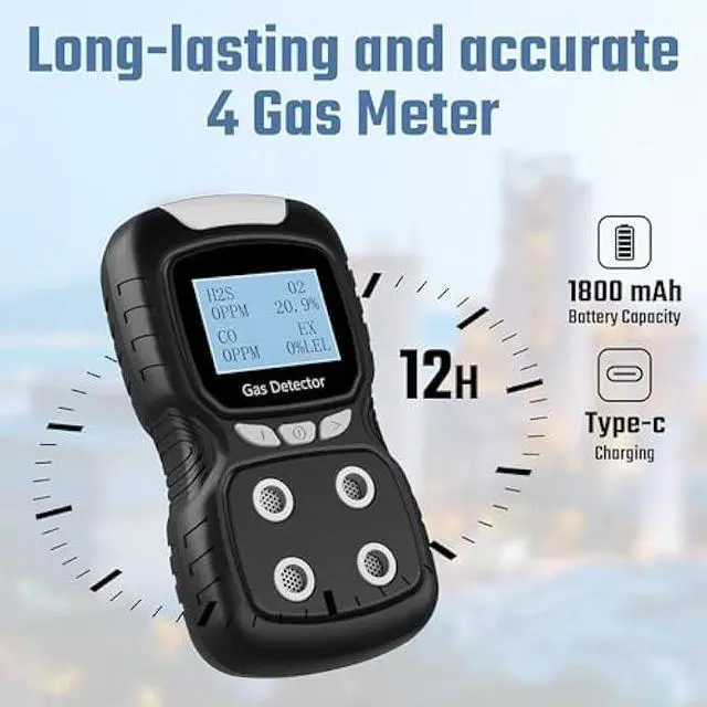 Alt view image 5 of 5 - Portable 4 Gas Detector, 4 in 1 Multi Gas Monitor TesterH2S,O2,CO and EX Rechargeable LCD Display Gas Sniffer AlarmGas Clip Sound Light Shock Alarm (Black)