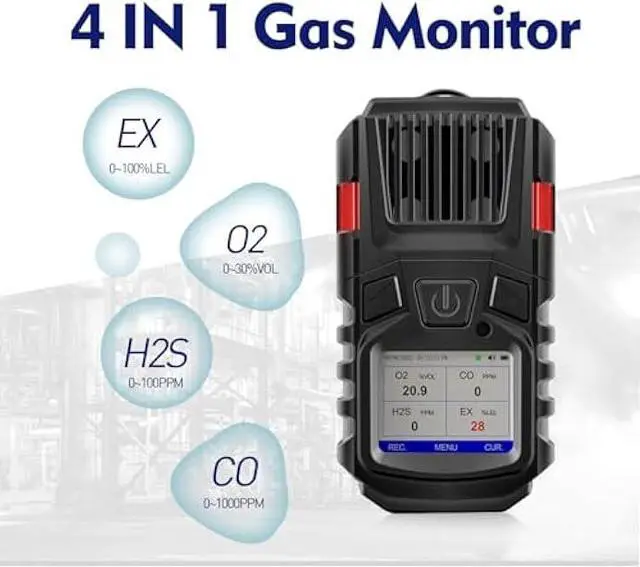 Alt view image 2 of 5 - 4 Gas Monitor Multi Gas Detector EX O2 H2S Monitor Clip on, 3000mAh Rechargeable 4 Gas Meter View Records and Curve, Portable 4 Gas Monitor Multi Gas Detector with Calibration Kit 4 Gas Detector