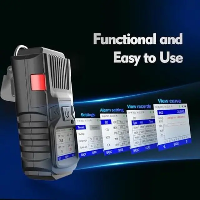 Alt view image 3 of 5 - 4 Gas Monitor Multi Gas Detector EX O2 H2S Monitor Clip on, 3000mAh Rechargeable 4 Gas Meter View Records and Curve, Portable 4 Gas Monitor Multi Gas Detector with Calibration Kit 4 Gas Detector