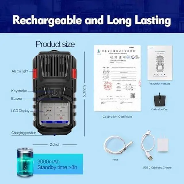 Alt view image 4 of 5 - 4 Gas Monitor Multi Gas Detector EX O2 H2S Monitor Clip on, 3000mAh Rechargeable 4 Gas Meter View Records and Curve, Portable 4 Gas Monitor Multi Gas Detector with Calibration Kit 4 Gas Detector